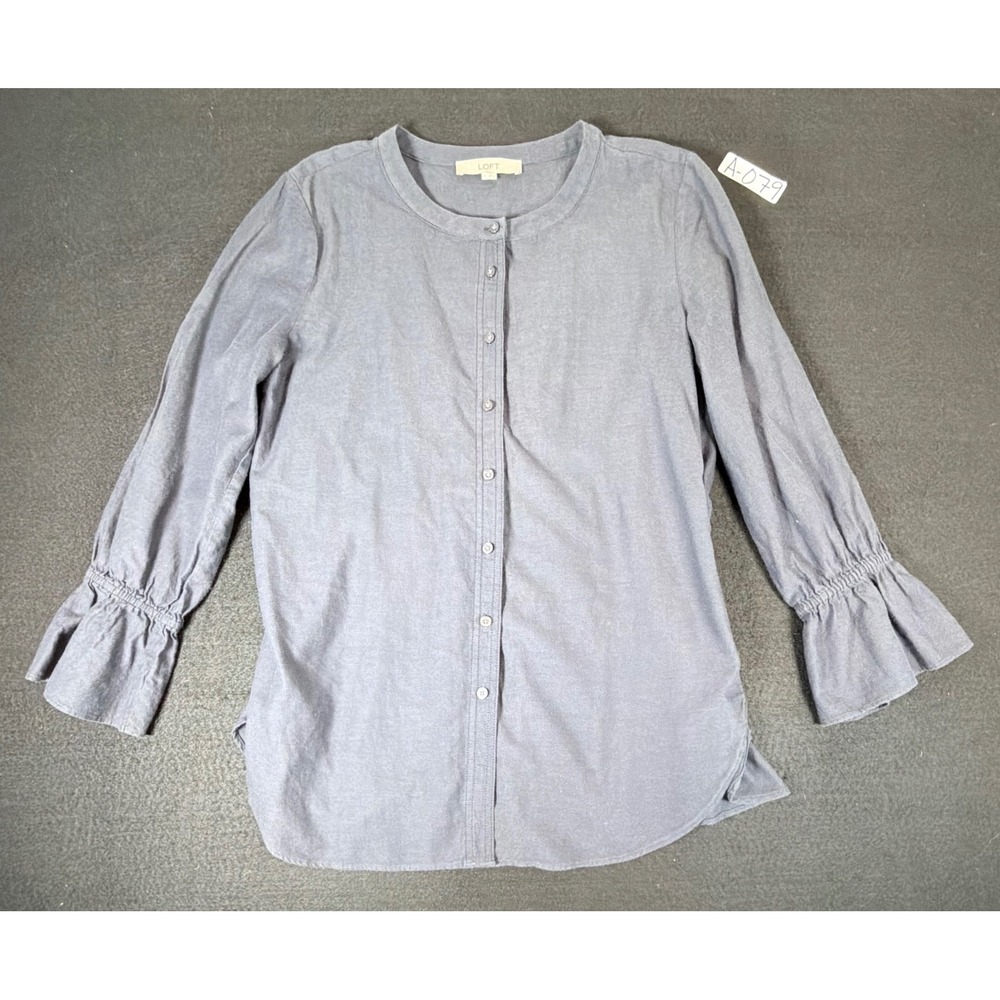 LOFT Navy Blue Cotton Button Down Blouse Smocked Ruffle Cuff Peplum Back Medium